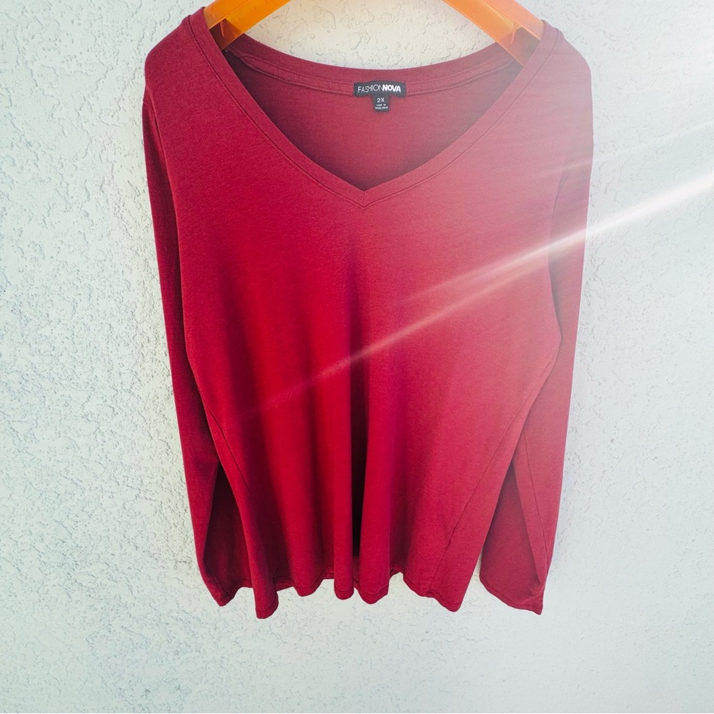 Fashion Nova 2X cotton burgundy red long sleeve t shirt slimfit Plus size basics